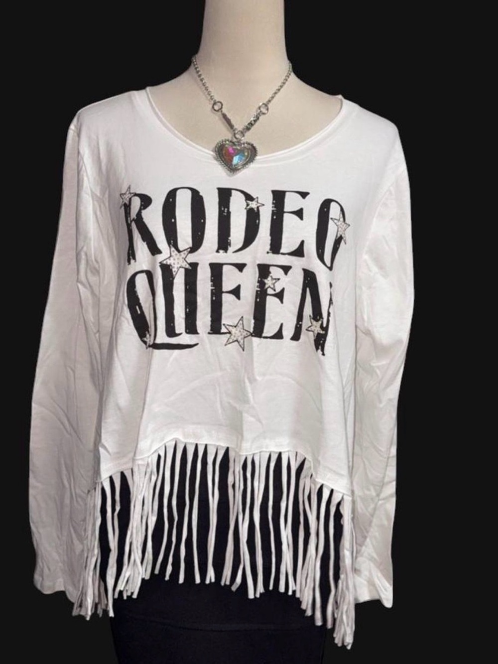 Vocal Rodeo Queen Fringe Long Sleeve Top - White